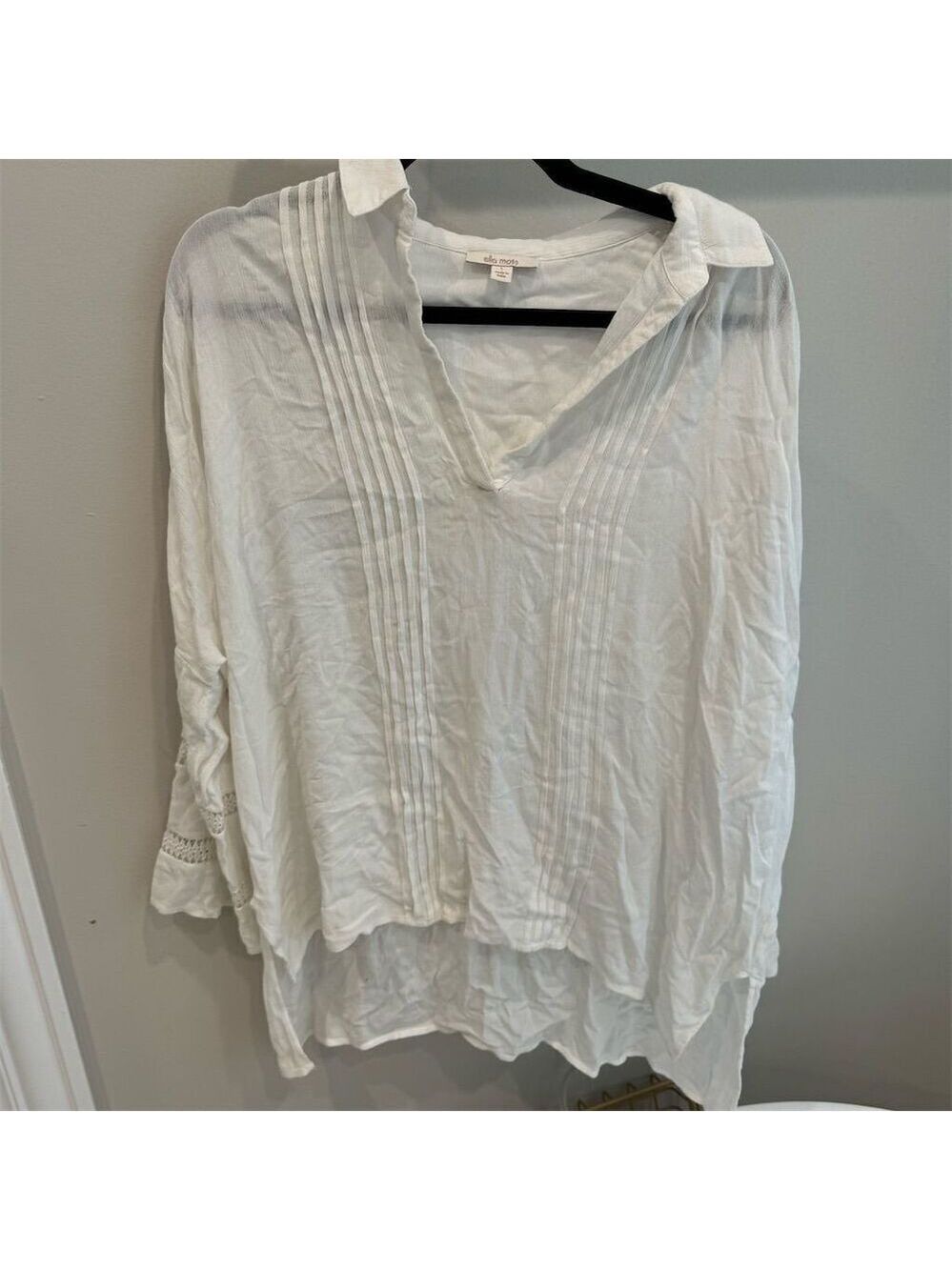 Ella Moss Women's White Tunic Blouse V-Neck Lace Accents Size L